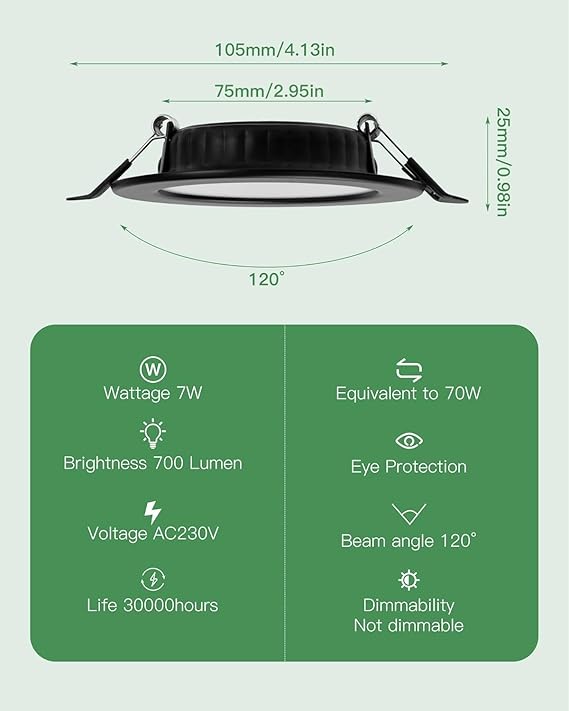 Set de 10 spoturi LED incastrate, Dexnump ultra plate 230 V, 7 W, Adancime de instalare 25 mm, Diametru de instalare 75-95 mm, IP44 pentru baie, bucatarie, living, dormitor, Clasa energetica F, Negru