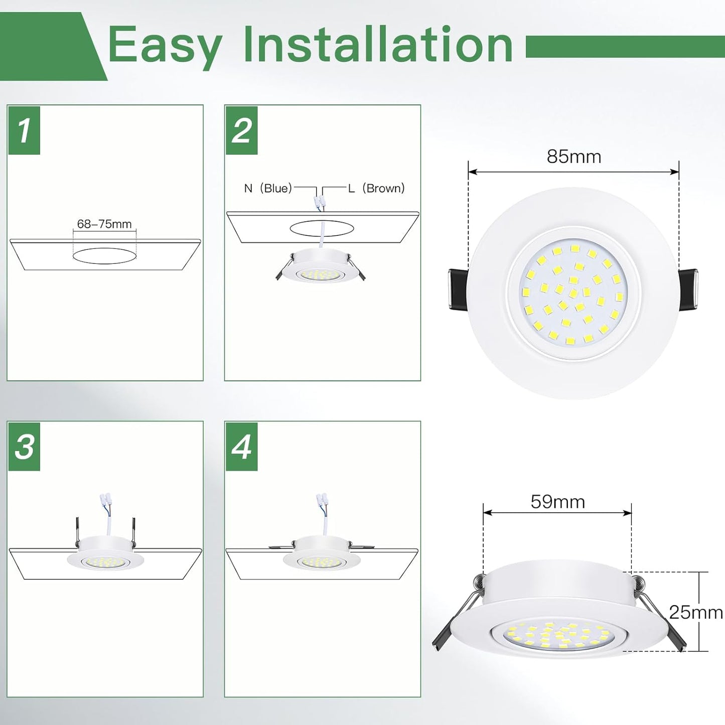Spoturi LED Dexnump 230V ultraplat, 5W spoturi reglabile, 600LM IP44, LED pivotant pentru baie, bucatarie, living, tavan, set de 12 (alb rece 4000K)