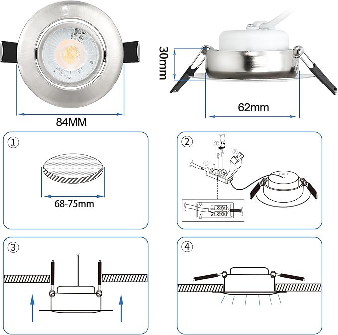 Spoturi LED incastrate 230V 3 nivele Dimmerabile 6W IP44 Spot LED plat pentru baie, bucatarie, sufragerie, diametru 68 mm, 3000 K, alb cald, 600 lumeni