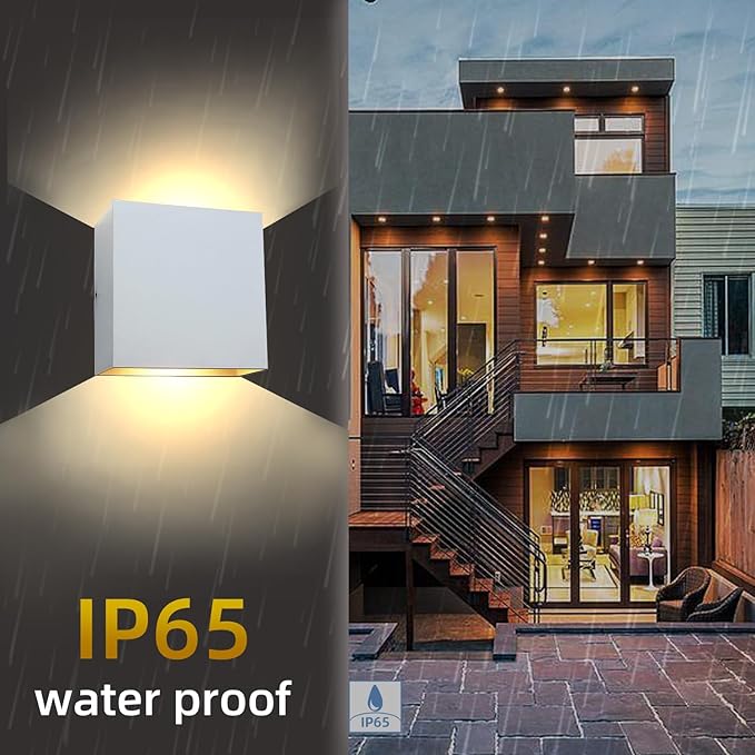Set 2 lampi de perete LED, modernă pentru exterior, albă, 12W, lumină caldă 3000k, impermeabilă IP65, lampă de perete pătrată din aluminiu pentru exterior