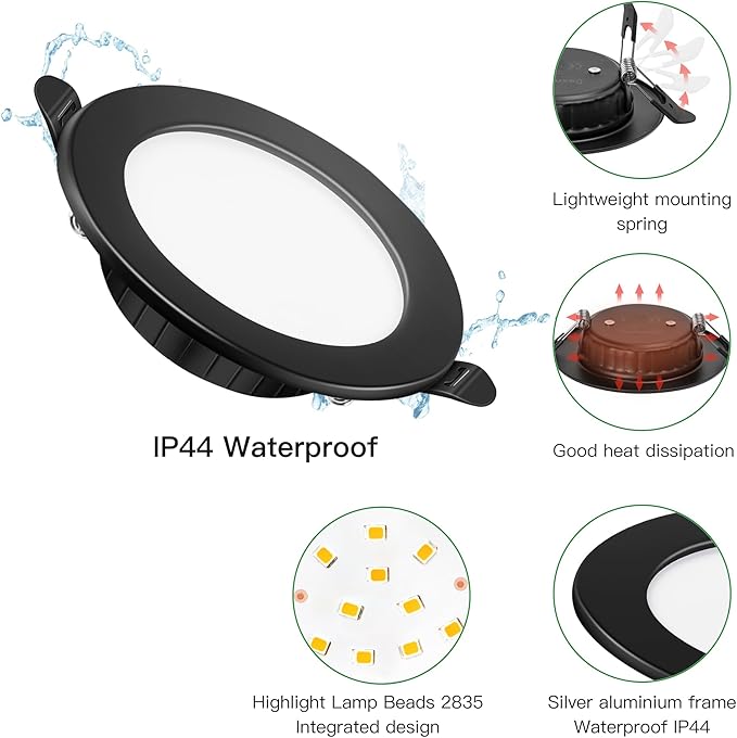 Set de 10 spoturi LED incastrate, Dexnump ultra plate 230 V, 7 W, Adancime de instalare 25 mm, Diametru de instalare 75-95 mm, IP44 pentru baie, bucatarie, living, dormitor, Clasa energetica F, Negru