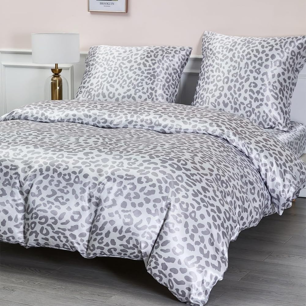 Lenjerie De Pat 200 X 200 Cm, Satin Leopard Strălucitor, Set De 2 Fețe De Pernă 80 X 80 Cm Fermoar