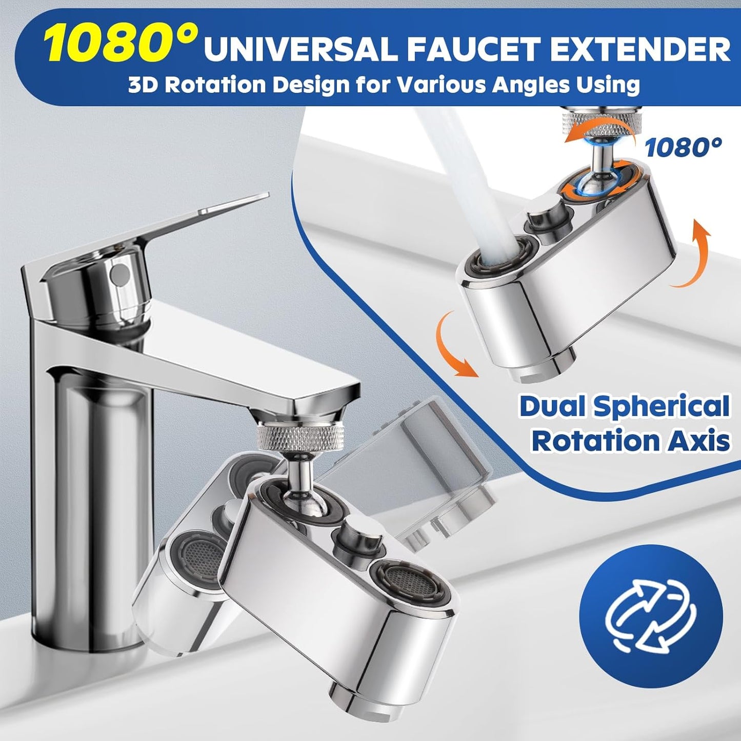 Prelungitor de robinet rotativ, pivotant modernizat pentru chiuveta de bucatarie si baie, economizor de apa pentru chiuveta, extensie de robinet, aerator de iesire cu 2 moduri, (24 mm, 22 mm, adaptor universal)
