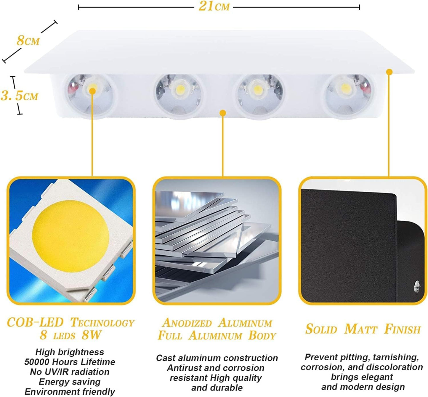 Lampa de perete LED, 8W, aplice LED sus si jos, lampa de perete de interior pentru sufragerie, hol, dormitor, camera copiilor, spot luminos de noapte impermeabil, Alb 3000k