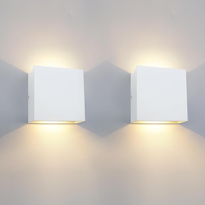 Set 2 lampi de perete LED, modernă pentru exterior, albă, 12W, lumină caldă 3000k, impermeabilă IP65, lampă de perete pătrată din aluminiu pentru exterior