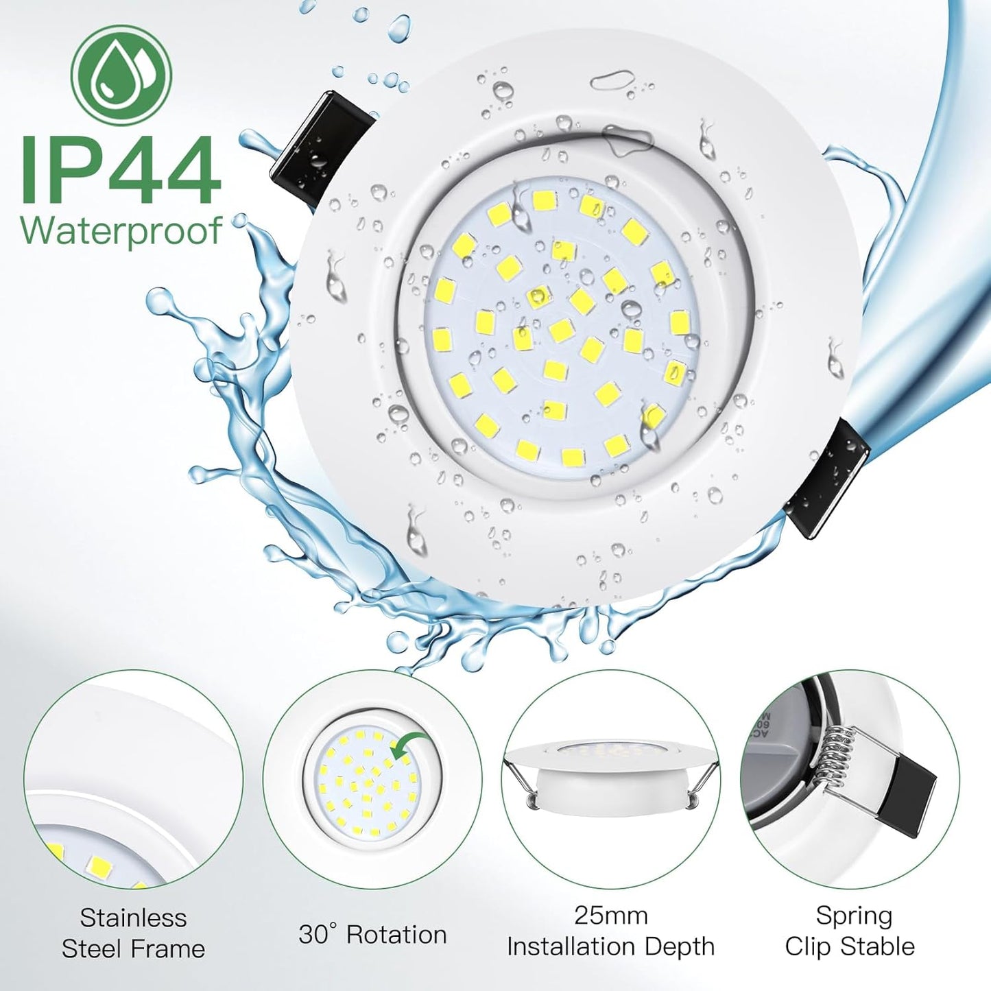 Spoturi LED Dexnump 230V ultraplat, 5W spoturi reglabile, 600LM IP44, LED pivotant pentru baie, bucatarie, living, tavan, set de 12 (alb rece 4000K)