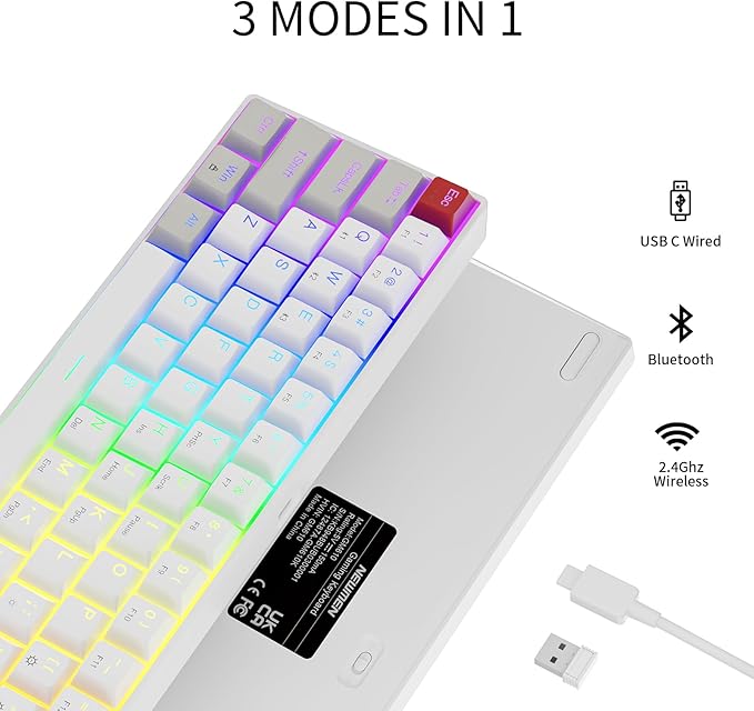 Tastatura mecanica de gaming wireless, iluminare RGB, Bluetooth, conectare cu pana la 3 dispozitive, QWERTY, OUTEMU, cu taste interschimbabile de rezerva, Newmen GM610