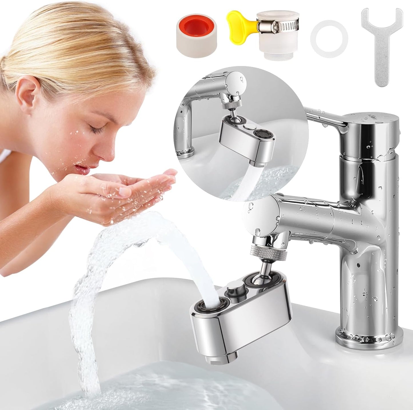 Prelungitor de robinet rotativ, pivotant modernizat pentru chiuveta de bucatarie si baie, economizor de apa pentru chiuveta, extensie de robinet, aerator de iesire cu 2 moduri, (24 mm, 22 mm, adaptor universal)