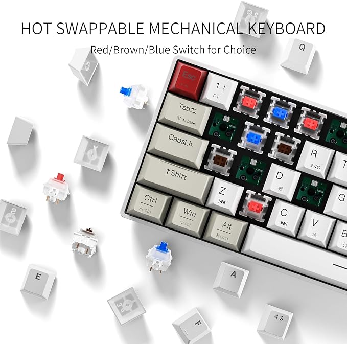 Tastatura mecanica de gaming wireless, iluminare RGB, Bluetooth, conectare cu pana la 3 dispozitive, QWERTY, OUTEMU, cu taste interschimbabile de rezerva, Newmen GM610