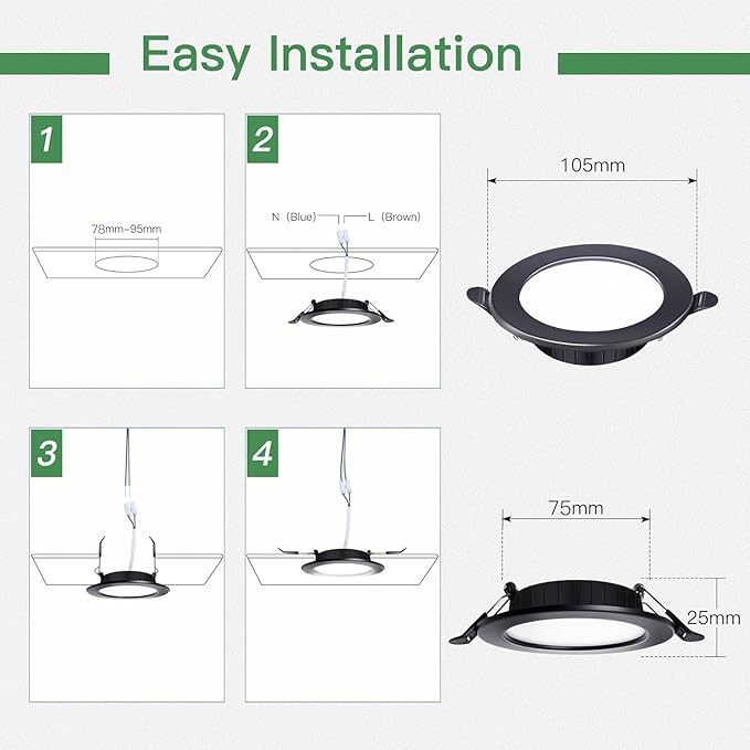 Set de 10 spoturi LED incastrate, Dexnump ultra plate 230 V, 7 W, Adancime de instalare 25 mm, Diametru de instalare 75-95 mm, IP44 pentru baie, bucatarie, living, dormitor, Clasa energetica F, Negru