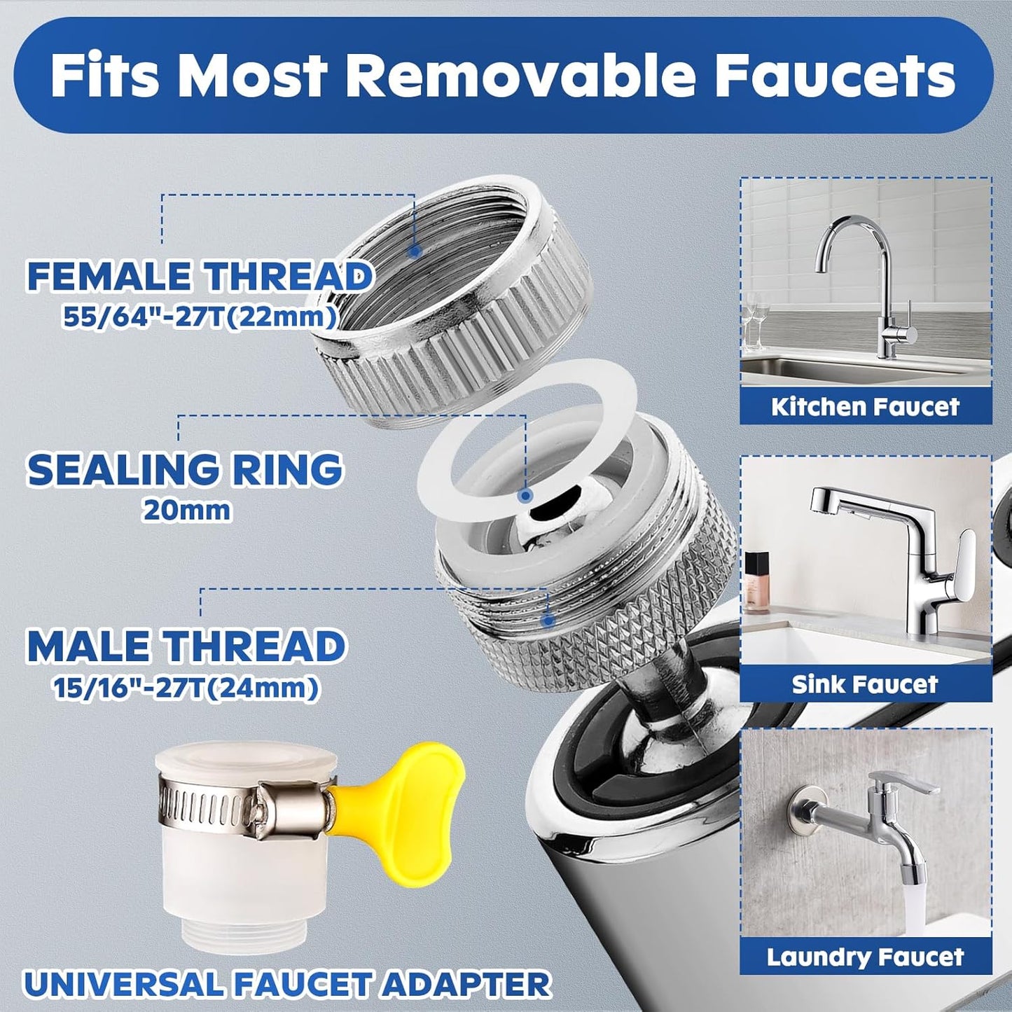 Prelungitor de robinet rotativ, pivotant modernizat pentru chiuveta de bucatarie si baie, economizor de apa pentru chiuveta, extensie de robinet, aerator de iesire cu 2 moduri, (24 mm, 22 mm, adaptor universal)