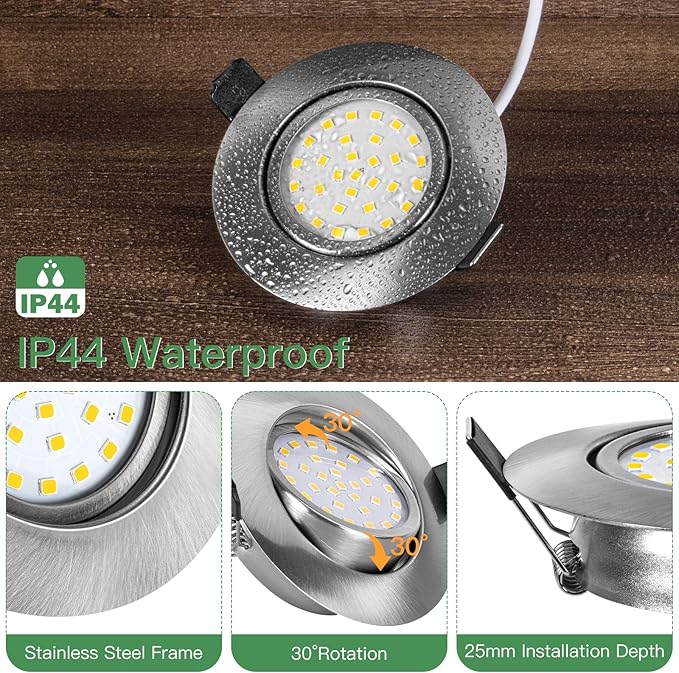 Spoturi LED Dexnump 230V ultraplat, 5W spoturi reglabile, echivalent cu 50W, 600LM IP44, LED pivotant pentru baie, bucatarie, living, tavan, set de 6 (alb cald 2700K)