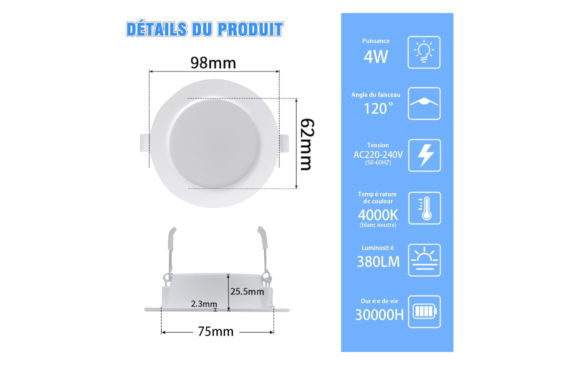 Set de 6 Spot LED incastrat extra plat 230V 4W Alb cald 3000K Spot 380lumeni, Spot cu LED IP44, pentru sufragerie, bucatarie, hol