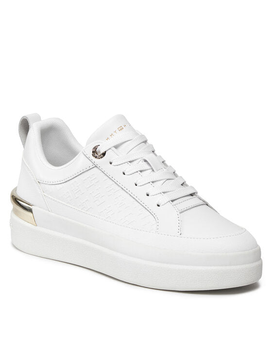 Tommy Hilfiger, Pantofi sport low-cut de piele, Auriu, Alb, 39