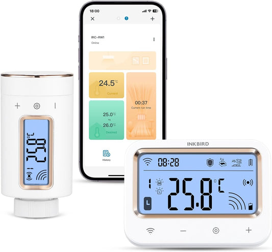Termostat inteligent pentru radiator INKBIRD, robinet de radiator IRC-RW1 WIFI cu monitor, termostat programabil cu 11 programe, alarma de temperatura, blocare pentru copii