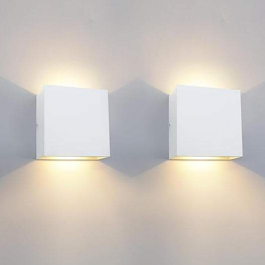 Set 2 lampi de perete LED, modernă pentru exterior, albă, 12W, lumină caldă 3000k, impermeabilă IP65, lampă de perete pătrată din aluminiu pentru exterior