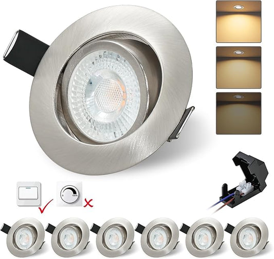 Spoturi LED incastrate 230V 3 nivele Dimmerabile 6W IP44 Spot LED plat pentru baie, bucatarie, sufragerie, diametru 68 mm, 3000 K, alb cald, 600 lumeni