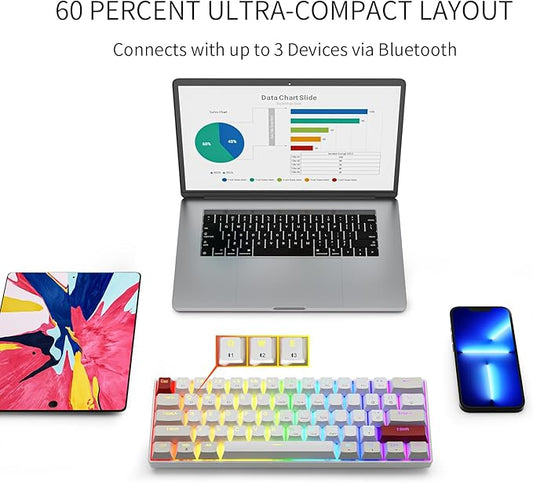 Tastatura mecanica de gaming wireless, iluminare RGB, Bluetooth, conectare cu pana la 3 dispozitive, QWERTY, OUTEMU, cu taste interschimbabile de rezerva, Newmen GM610